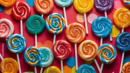 Colorful Swirl Lollipops on Red Background