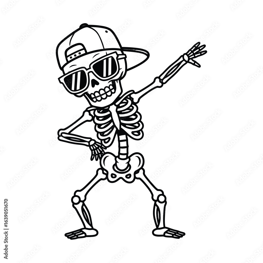Obraz premium A skeleton with a cap and sunglasses is dabbing isolated on white background, perfect for trendy, fun, and hip designs and illustrations