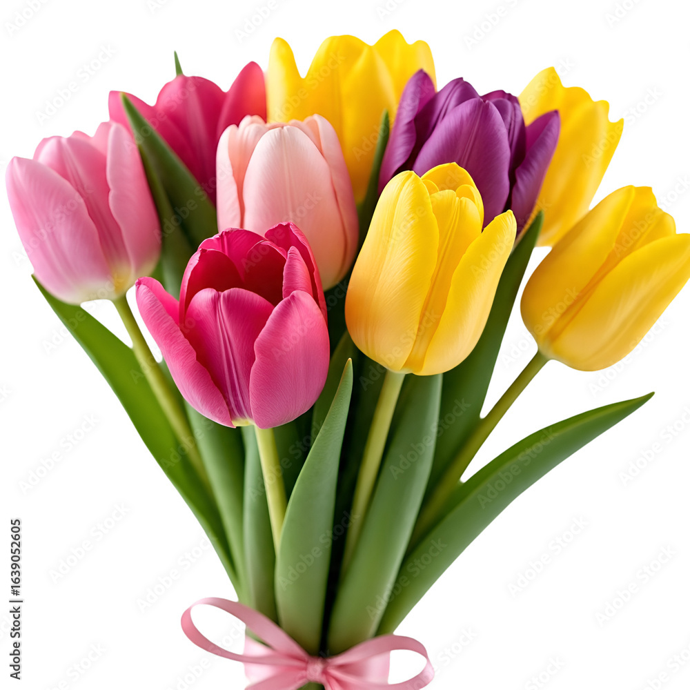 Obraz premium Mixed Color Tulip Bouquet with Ribbon Isolated on White Background
