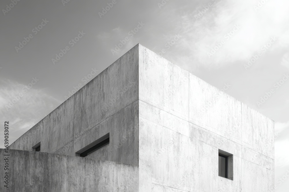Obraz premium Modern concrete building corner against a cloudy sky, black and