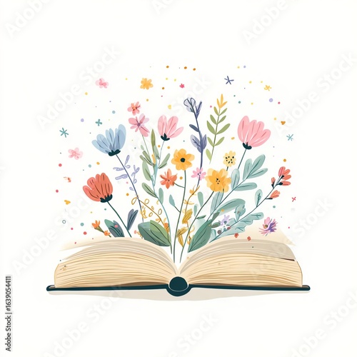 An open book with flowers popping up behind, playful and cute, white background, pastel colors, cute vector illustration
