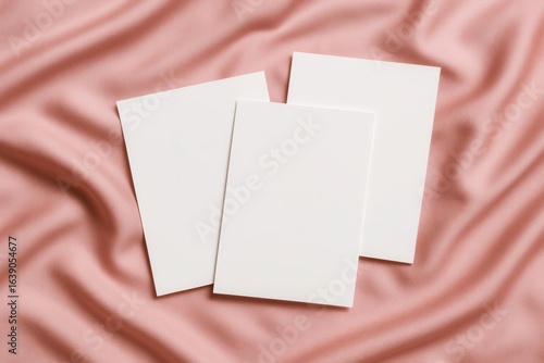 Three blank white cards resting on a soft pink fabric background
