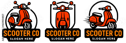 Three scooter company logos, featuring orange scooters, with the text "Scooter Co" and "Slogan Here" below each.