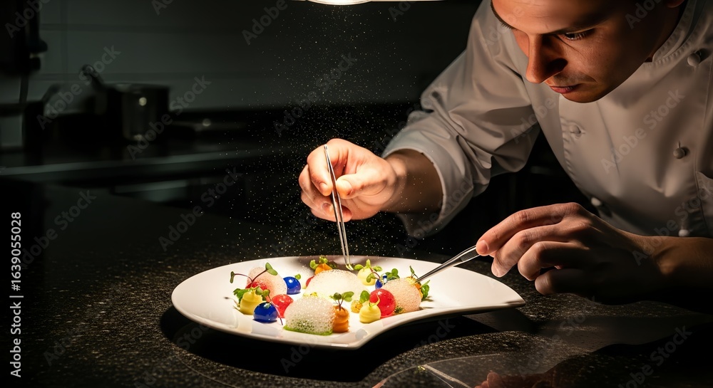 Chef meticulously garnishes exquisite dish with precision tweezers in professional kitchen Chef meticulously garnishes exquisite dish with precision tweezers in professional kitchen