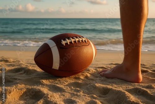 A Football Rests on a Beach at Sunset