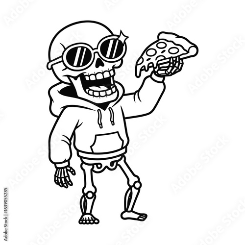 A cartoon skeleton wearing sunglasses and a hoodie is holding a slice of pizza isolated on white background, a fun and humorous illustration