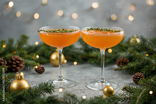 Orange festive cocktails with evergreen branches and golden ornaments image