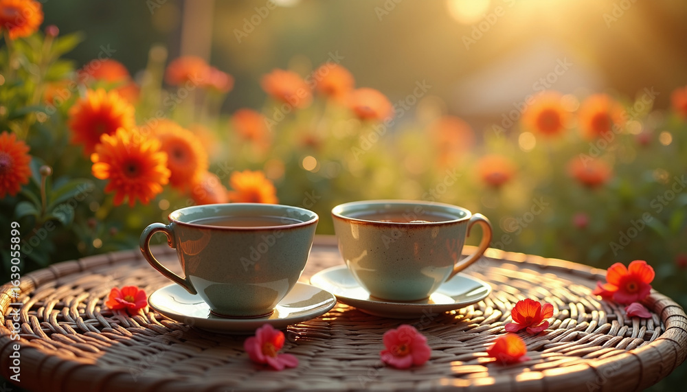 Fototapeta premium Two handmade ceramic teacups filled with tea, placed on a wicker table surrounded by colorful blooming flowers