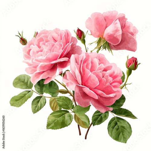 Set of beautiful pink roses with lush green leaves, cut out ,isolated on white background, ultrabright