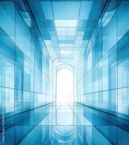futuristic corridor with reflective glass walls and ceiling leading to a bright white exit, creating a sense of depth and infinity