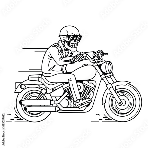 A skeleton biker riding a motorcycle with sunglasses and a helmet isolated on white background, creating a cool and humorous image