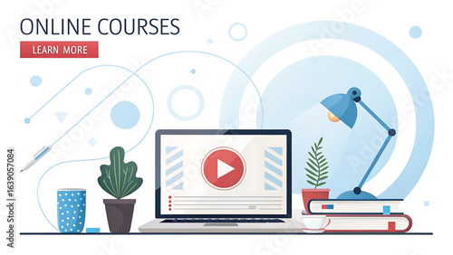 Online Courses and ELearning Concept with Laptop Computer and Desk Lamp for Distance Education and Virtual Classroom Studies