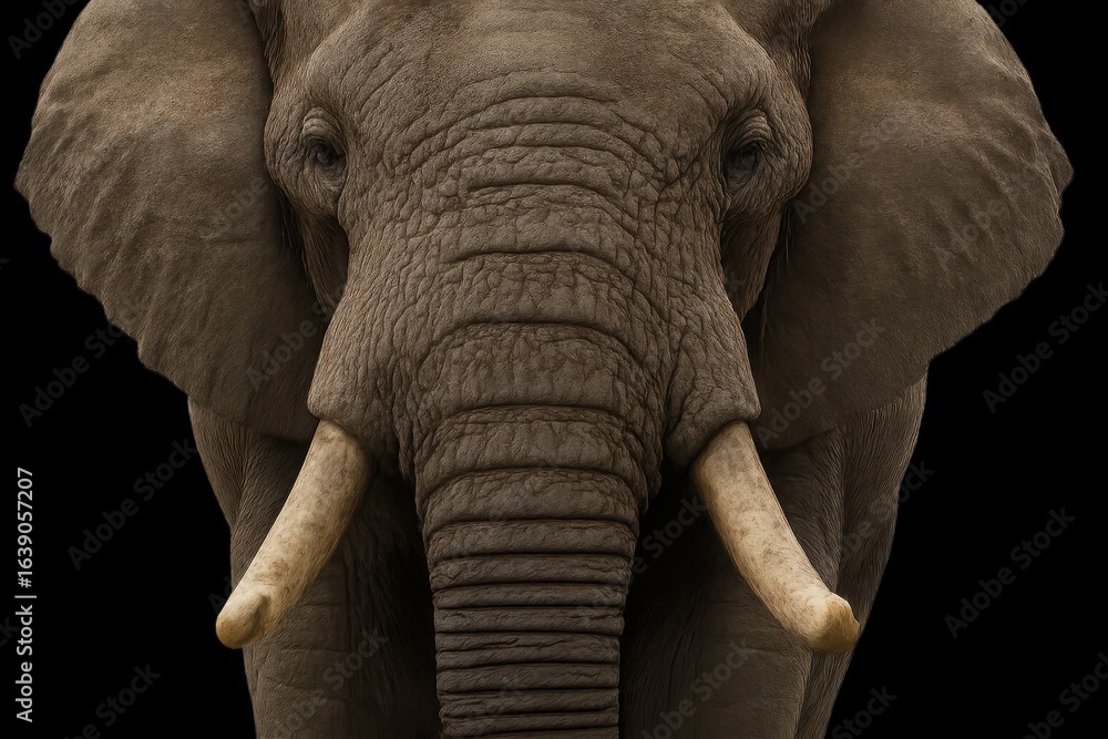 Fototapeta premium A majestic elephant stands alone against a stark black background, its tusks gleaming in the light