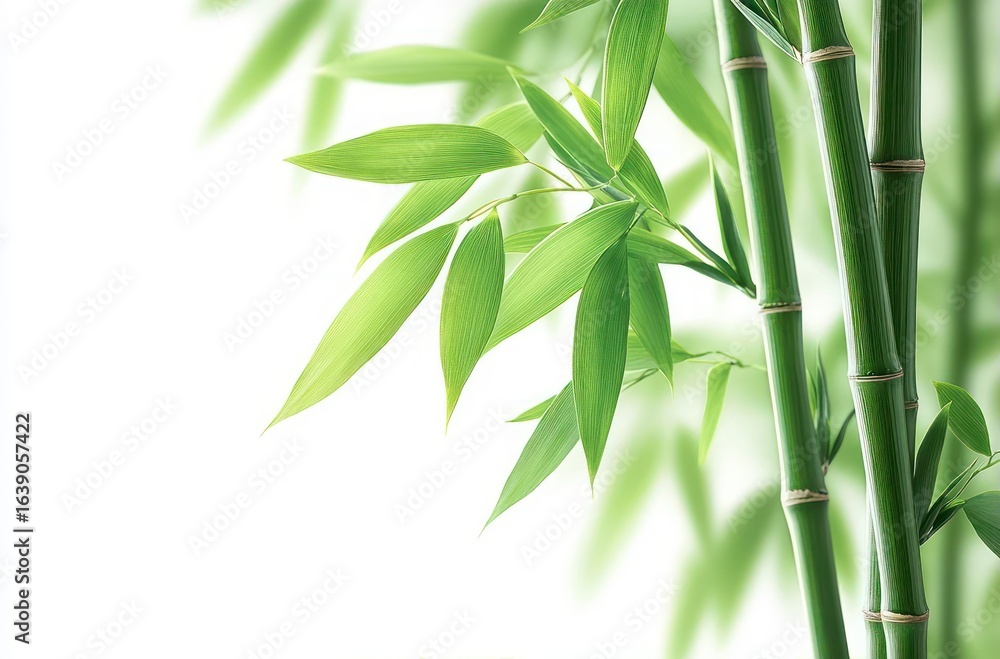 Obraz premium Fresh green bamboo stalks with vibrant leaves against a soft, light background conveying tranquility and natural growth