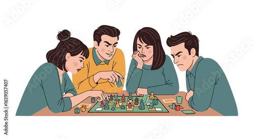 Group of Friends Engaged in a Board Game, Showcasing Social Interaction, Cognitive Engagement, and Leisure Activity for Lifestyle and Entertainment Content