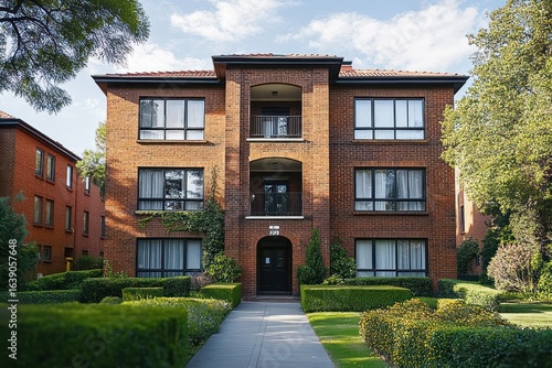 Three story brick apartment building with symmetrical windows, balconies, surrounded by trimmed hedges and greenery on a sunny day