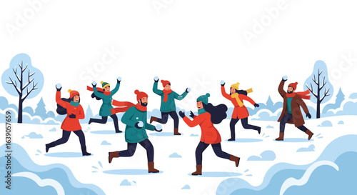 Joyful Snowball Fight Illustration Depicting Winter Fun and Outdoor Activity for Seasonal Greetings, Holiday Promotions, and Family-Friendly Winter Event Announcements.