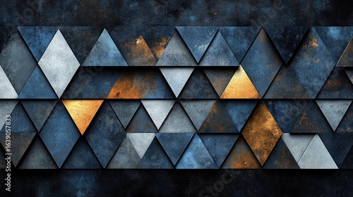 Geometric pattern of dark blue gray and gold triangles