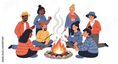 Diverse Group Enjoying a Campfire Gathering Roasting Marshmallows, Perfect for Illustrating Friendship, Community, Outdoor Activities, and Summer Fun in Social Media or Website Graphics