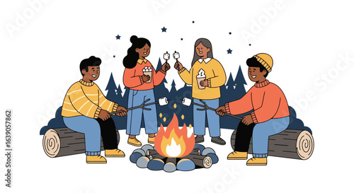 Group of Friends Gathered Around a Campfire Roasting Marshmallows and Enjoying Hot Drinks Under a Starry Night Sky, Perfect for Illustrating Outdoor Adventures, Friendship, and Cozy Winter Activities.