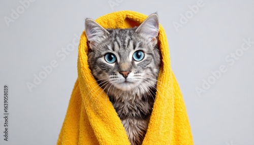 Funny wet gray tabby kitten after bath in pink in bathrobe . Just washed lovely fluffy cat on blue background. Cat on horizontal banner with copy space for popular social media website