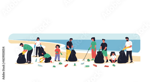Illustrated Beach Cleanup Scene Depicting Community Engagement in Environmental Conservation and Volunteer Efforts, Suitable for Promoting Eco-Friendly Initiatives and Awareness Campaigns