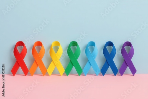 A vibrant array of rainbow-colored ribbons symbolizing diversity and unity stands against a calming blue backdrop, representing hope and solidarity in the fight against various challenges