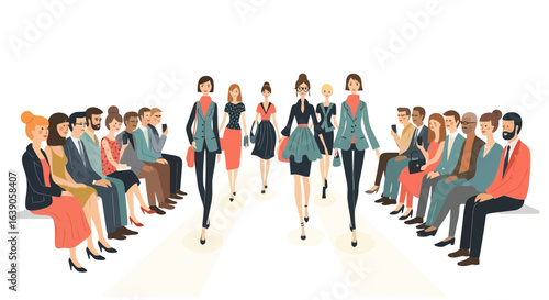 Fashion Show Illustration Featuring Models on Runway and Audience. Suitable for Fashion Design, Event Promotion, Editorial Illustration, and Creative Projects. Perfect for Fashion Industry.
