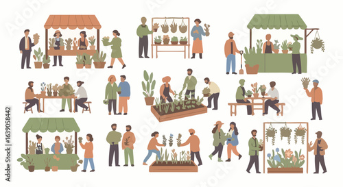 Vibrant outdoor plant market illustration featuring diverse shoppers and vendors, showcasing sustainable living, community engagement, and local commerce for editorial use and graphic design projects.