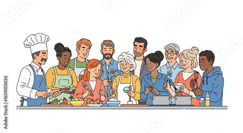 Engaging Cooking Class Illustration Featuring Diverse Participants and a Chef, Ideal for Promoting Culinary Education and Interactive Cooking Workshops