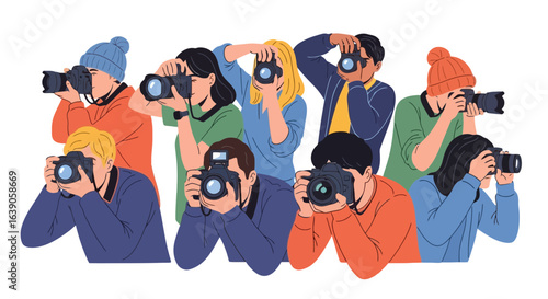 Enthusiastic Group of Photographers Capturing Moments with DSLR Cameras, Ideal for Illustrating Photography Courses, Travel Journalism, or Creative Arts Workshops and Photography Events
