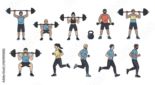 Diverse Fitness Activities Illustrated, Showcasing Weightlifting and Running Exercises for Health and Wellness Promotion and Educational Materials on Physical Training and Active Lifestyles.