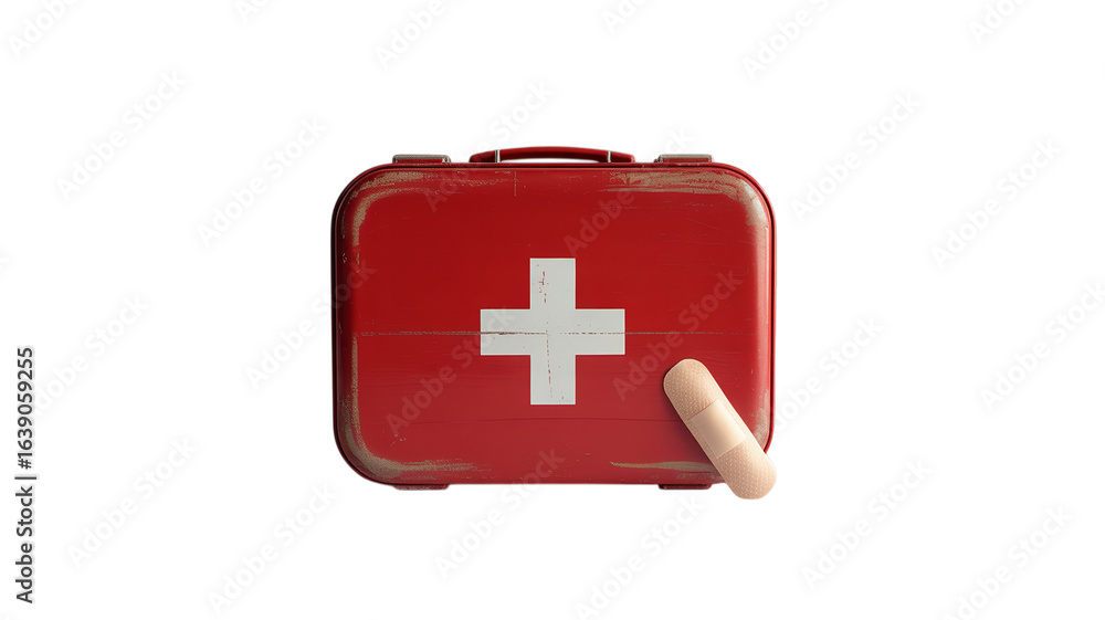Obraz premium Red first aid kit box isolated on white background.