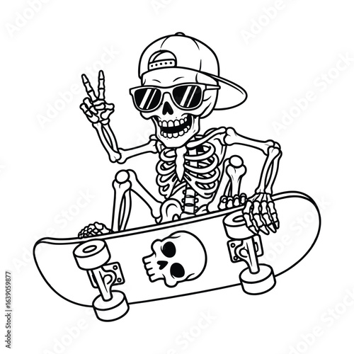 A cool skeleton with sunglasses and a cap is riding a skateboard and making a peace sign isolated on white background