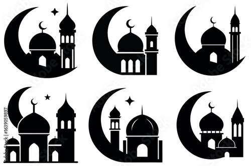 Mosque and Crescent Moon Silhouette Icon Set