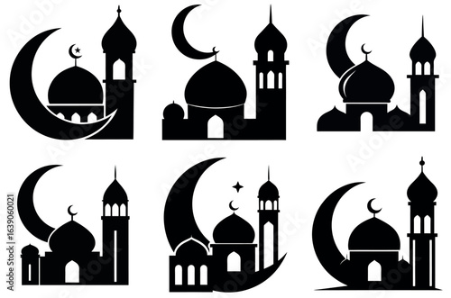 Mosque and Crescent Moon Silhouette Icon Set