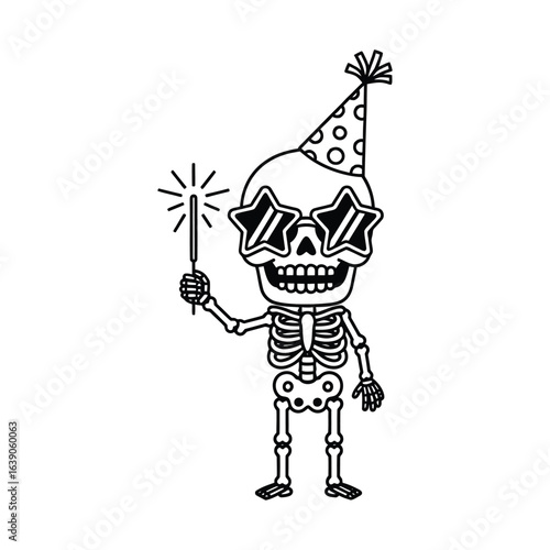 A skeleton is celebrating with a sparkler, wearing a party hat and starshaped sunglasses, isolated on white background