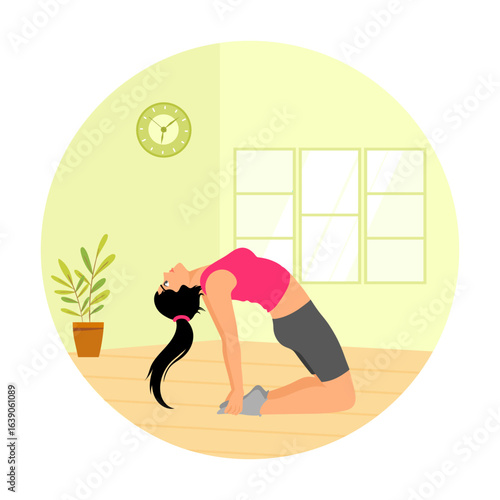 Do Sports Concept. Young Woman Practicing Yoga at Home.