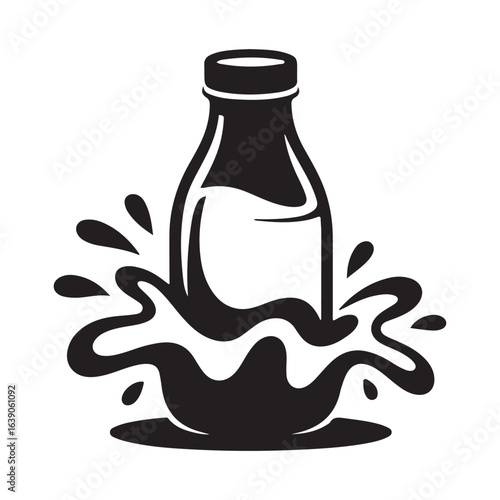 Illustration of a milk bottle with splashing liquid in black and white