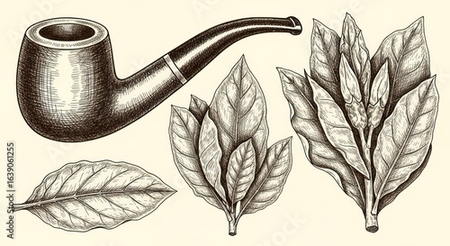 Tobacco Pipe and Leaves in Vintage Style Illustration