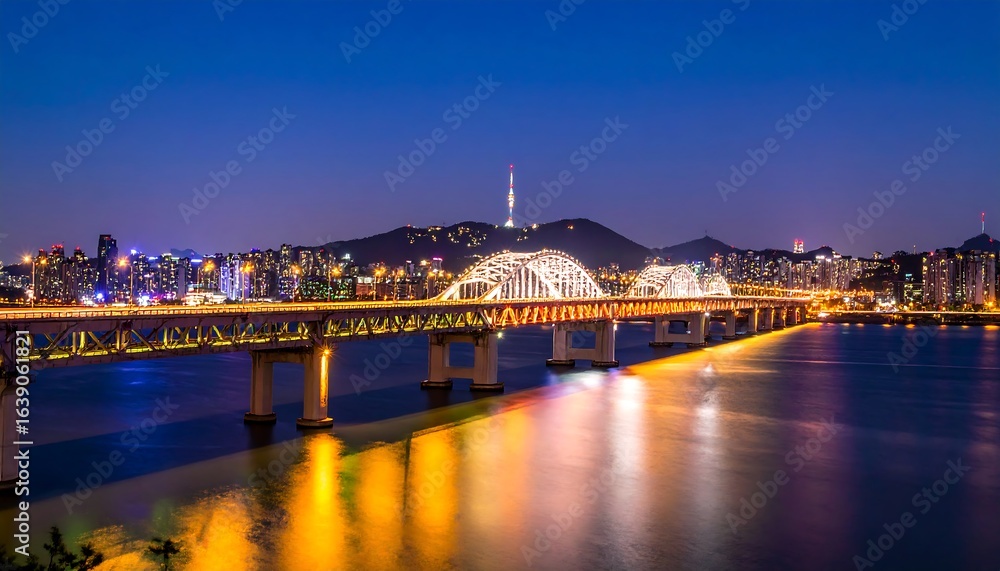 Obraz premium Illuminated bridge over a river at night, with city skyline in the background.