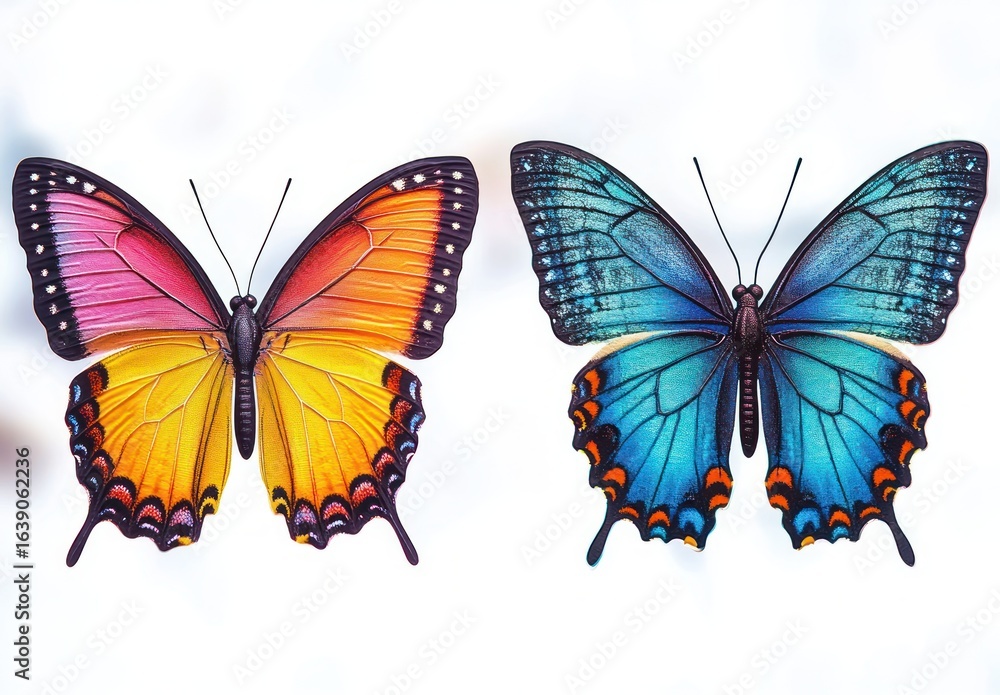 Fototapeta premium Two vividly colored butterflies with intricate wing patterns, one orange and pink, the other blue, displayed on a bright white background evoking a sense of beauty and delicacy