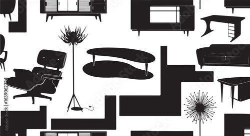 Modern furniture silhouette pattern in black and white, vector illustration