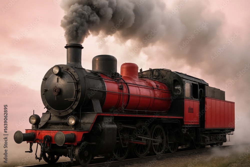 Naklejka premium A steam locomotive chugs along a misty track, its powerful engine billowing smoke into the air