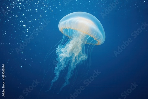 A lone jellyfish gracefully floats amidst a sea of bubbles, embodying the serene beauty of underwater life