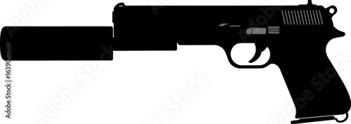 Black Silhouette of Handgun with Silencer Isolated on White Background Depicting Firearm
