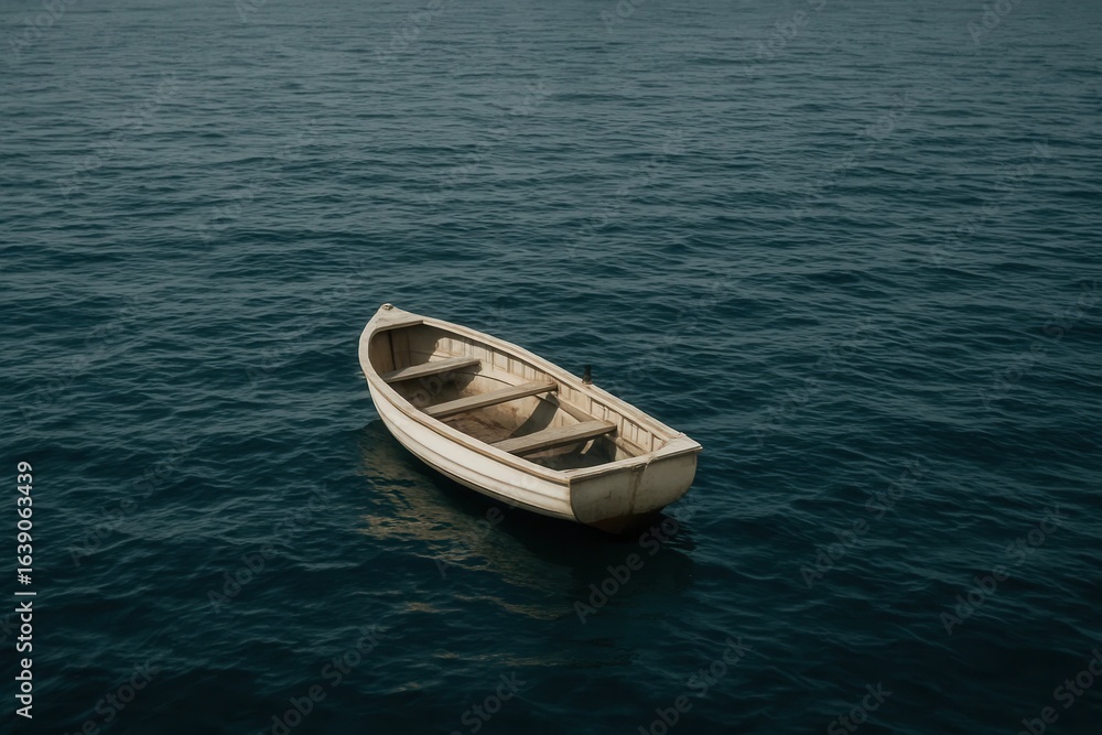 Naklejka premium A lone boat drifts peacefully on the vast ocean