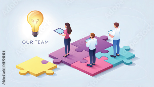 Creative teamwork and innovation concept with people standing on puzzle pieces building a new idea with shared knowledge and lightbulb