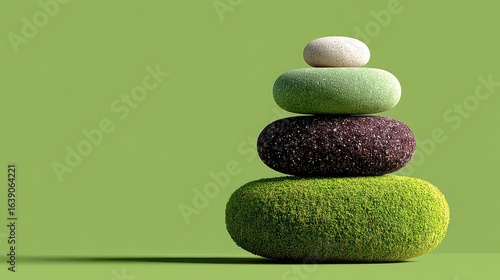 Stacked Textured Stones on Green Background