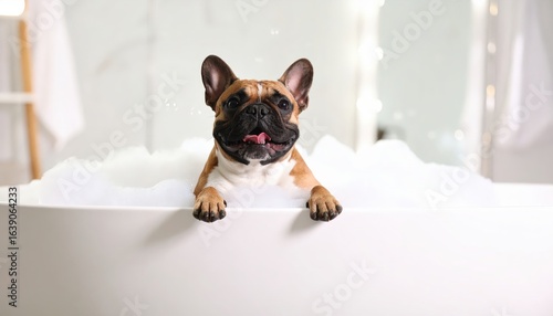 Funny friendly dog jack russell terrier takes a bath with foam in a shower cap on a white background. Copy space. Cute pet canine enjoy bubbly spa time. happy terrier breed get clean